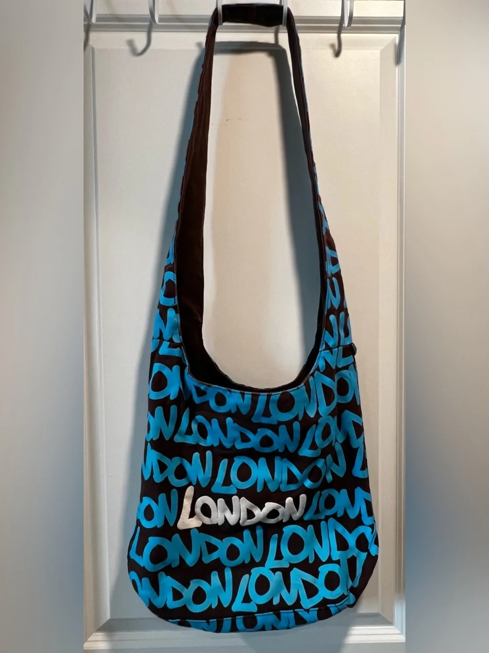 Robin Ruth Blue & Black 'London' Repeating Script Shoulder Bag